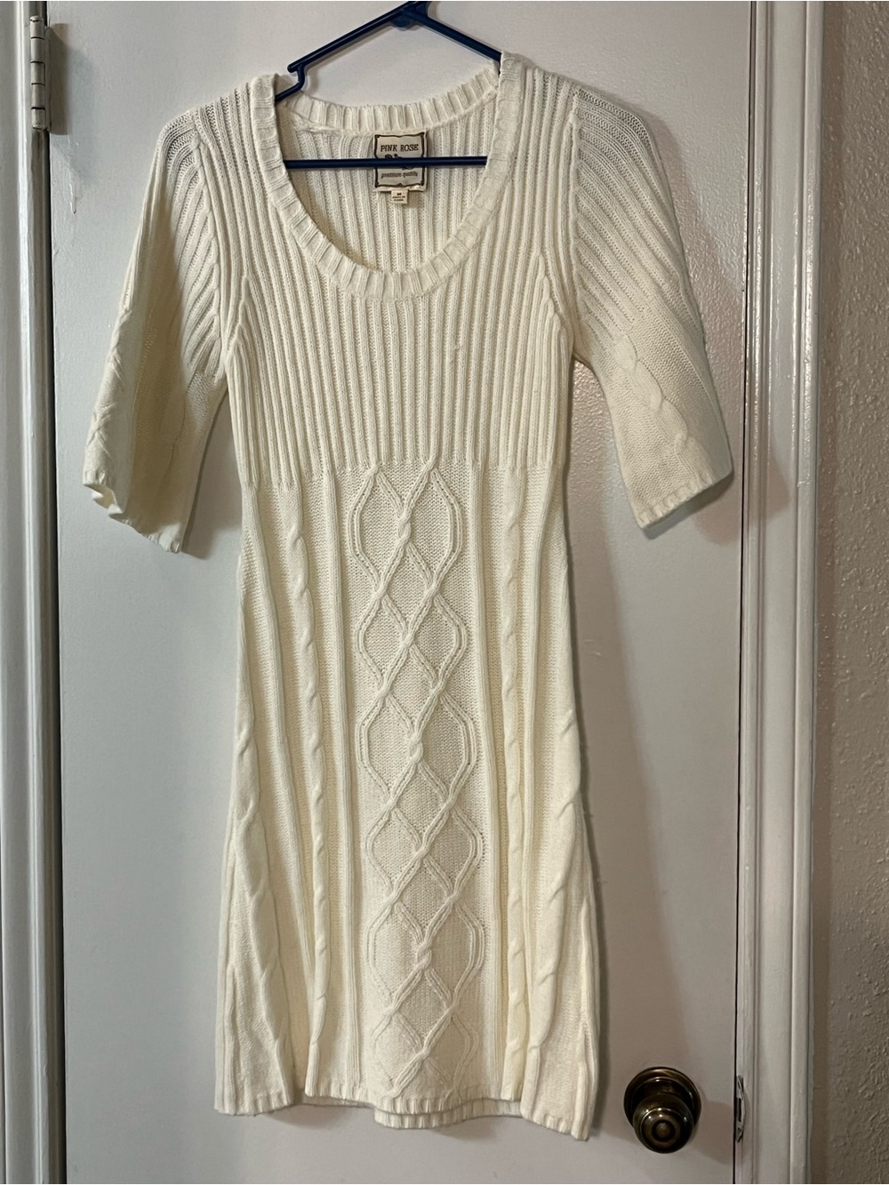 Pink Rose Ivory Cable-Knit Short-Sleeve Dress